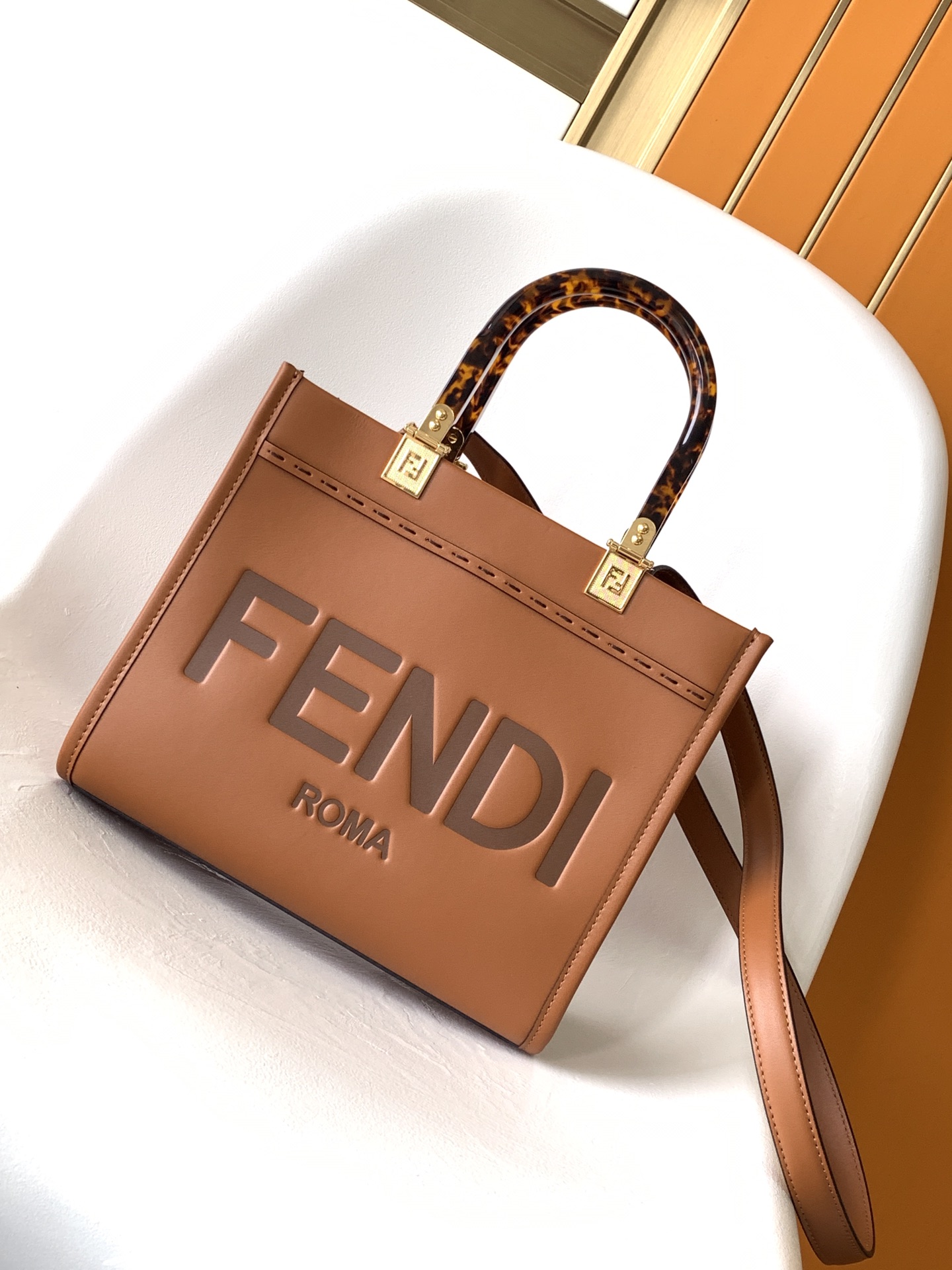 Fendi Small Sunshine Shopper Brown Calfskin Leather Bag